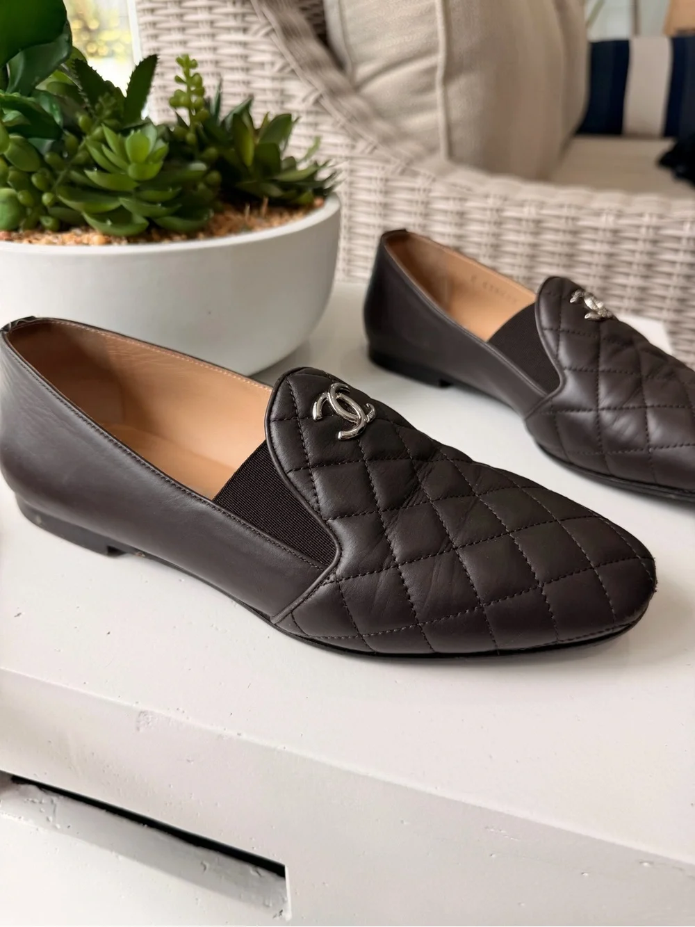 CHANEL Quilted Leather Loafers in Dark Brown with Silver CC